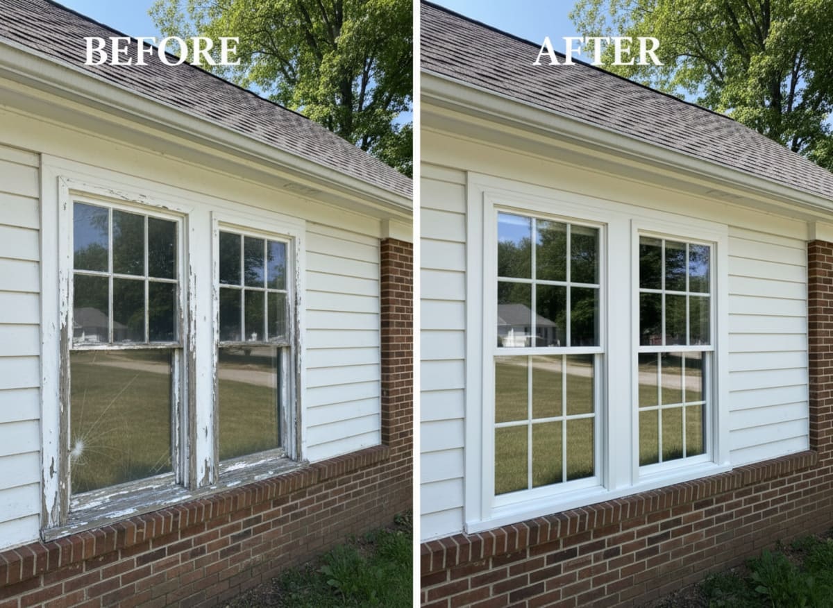 Before and after window replacement on a 1953 Cape Cod in Custis Woods, Oreland PA — OKNA double-hung vinyl windows installed by Monarch Contractors