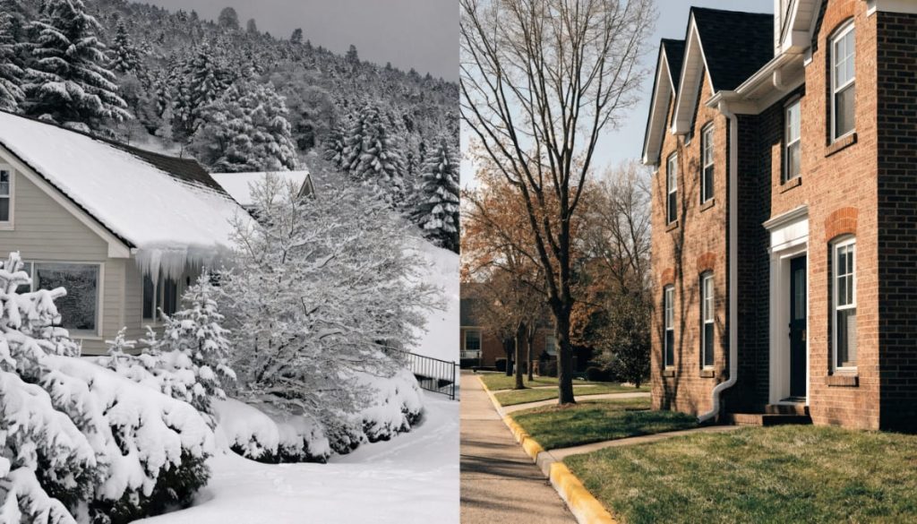 Snow-covered Pocono Mountain home alongside a milder Philadelphia suburban home illustrating different window climate zones