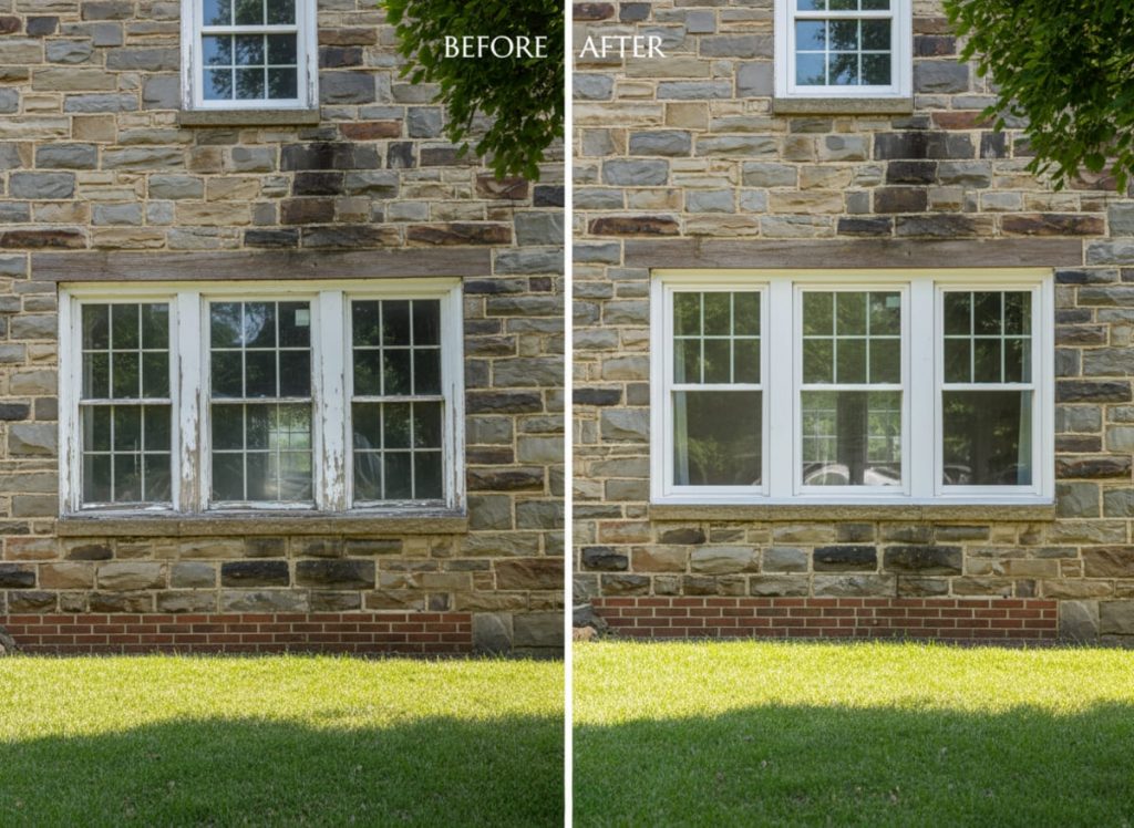 Before and after window replacement on a pre-1800 brick rowhouse on Wood Street in the Burlington Historic District in Burlington, NJ — original wood double-hung sash replaced with profile-matched OKNA uPVC vinyl windows after City Historic Commission approval by Monarch Contractors