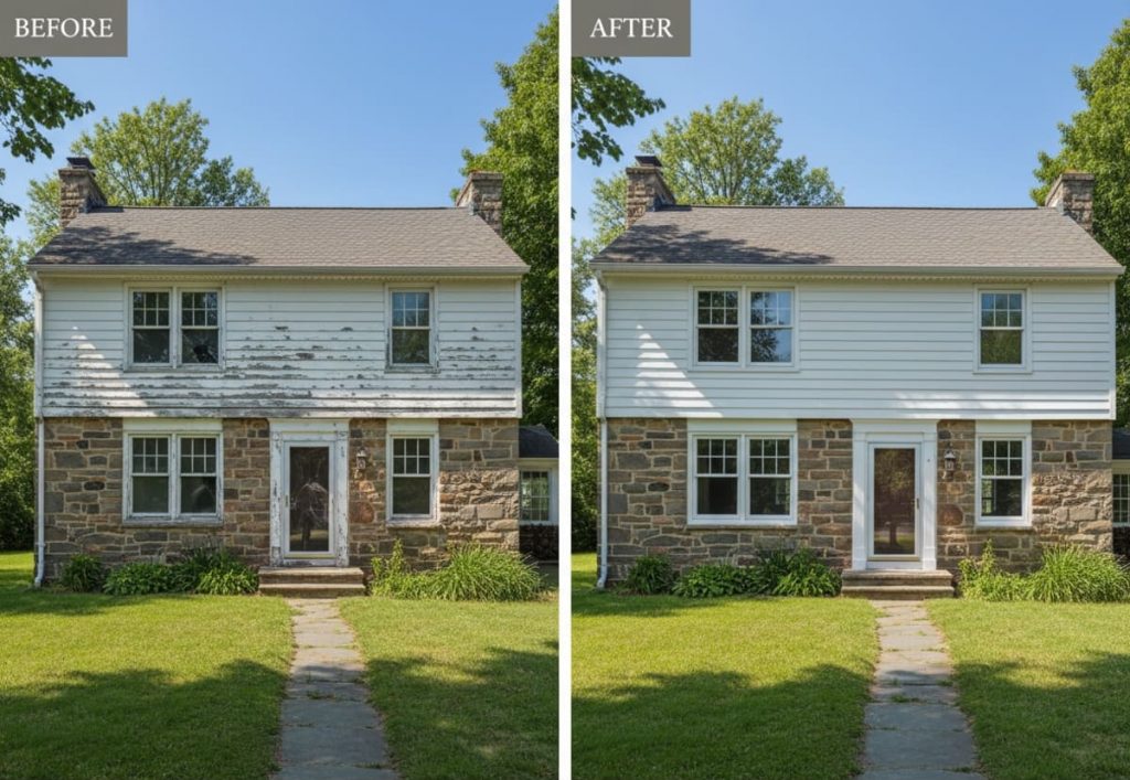 Before and after window replacement on an early-1900s brick rowhome in Pennsauken, NJ — original wood double-hungs replaced with OKNA double-hung uPVC vinyl windows by Monarch Contractors