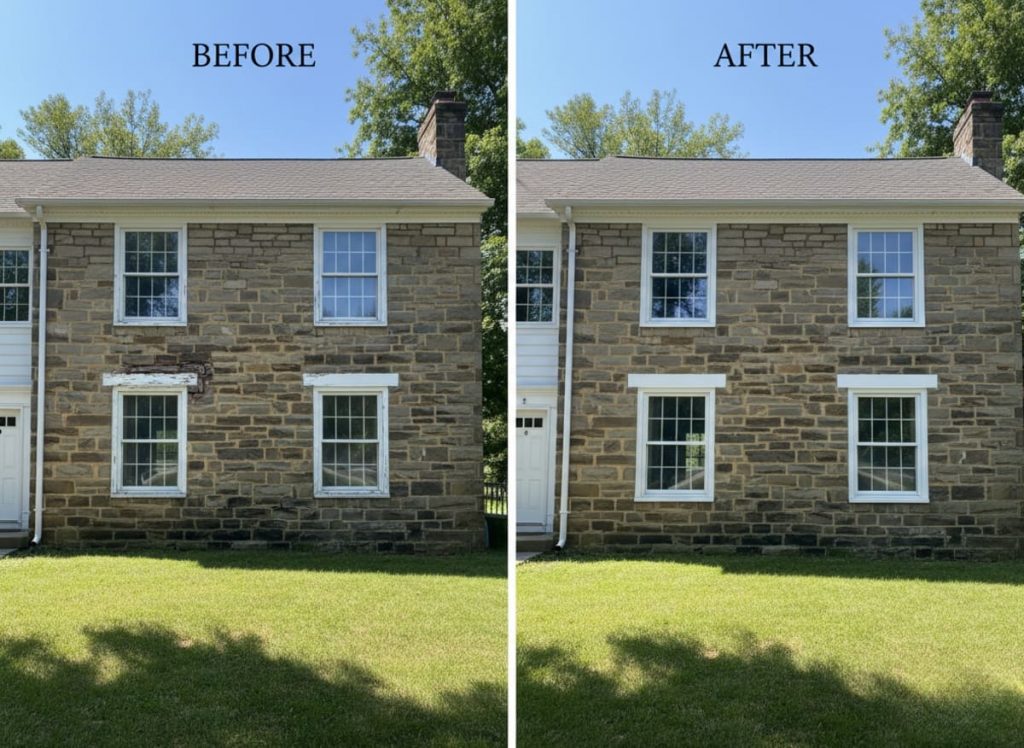 Before and after window replacement on a Sturbridge Lakes Colonial in Voorhees, NJ — original double-pane units replaced with OKNA double-hung uPVC vinyl windows by Monarch Contractors
