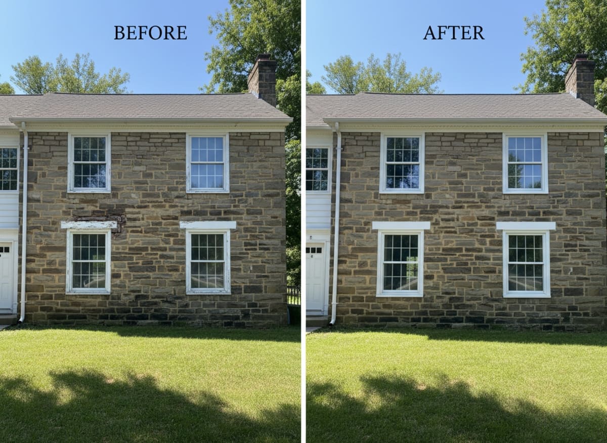Before and after window replacement on a Sturbridge Lakes Colonial in Voorhees, NJ — original double-pane units replaced with OKNA double-hung uPVC vinyl windows by Monarch Contractors