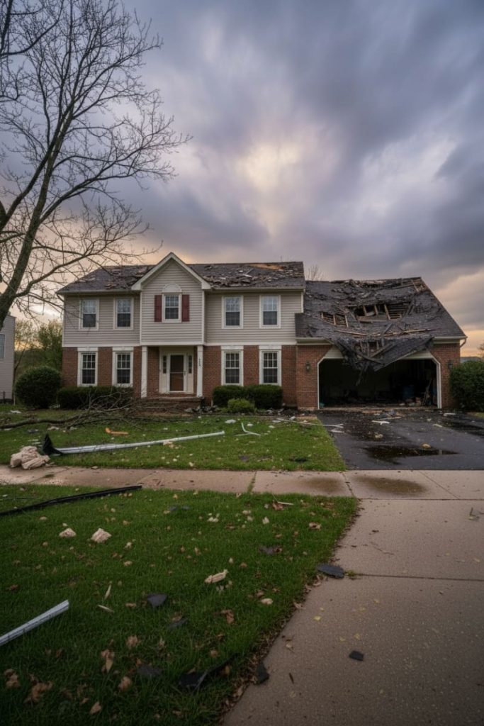 visible storm damage on their roof from the yard — fallen branch and damaged shingles visible