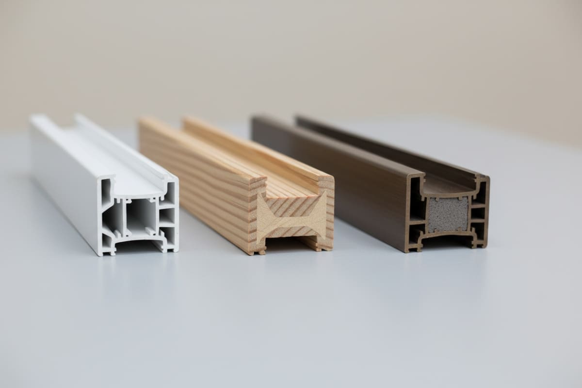 Corner cross-section samples of vinyl, wood, and fiberglass window frames compared side by side
