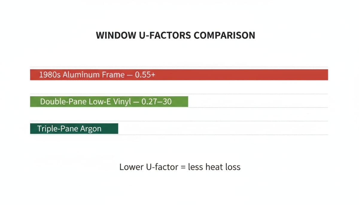 U-factor comparison chart: 1970s aluminum windows 0.55 vs modern double-pane vinyl 0.27 and triple-pane 0.20